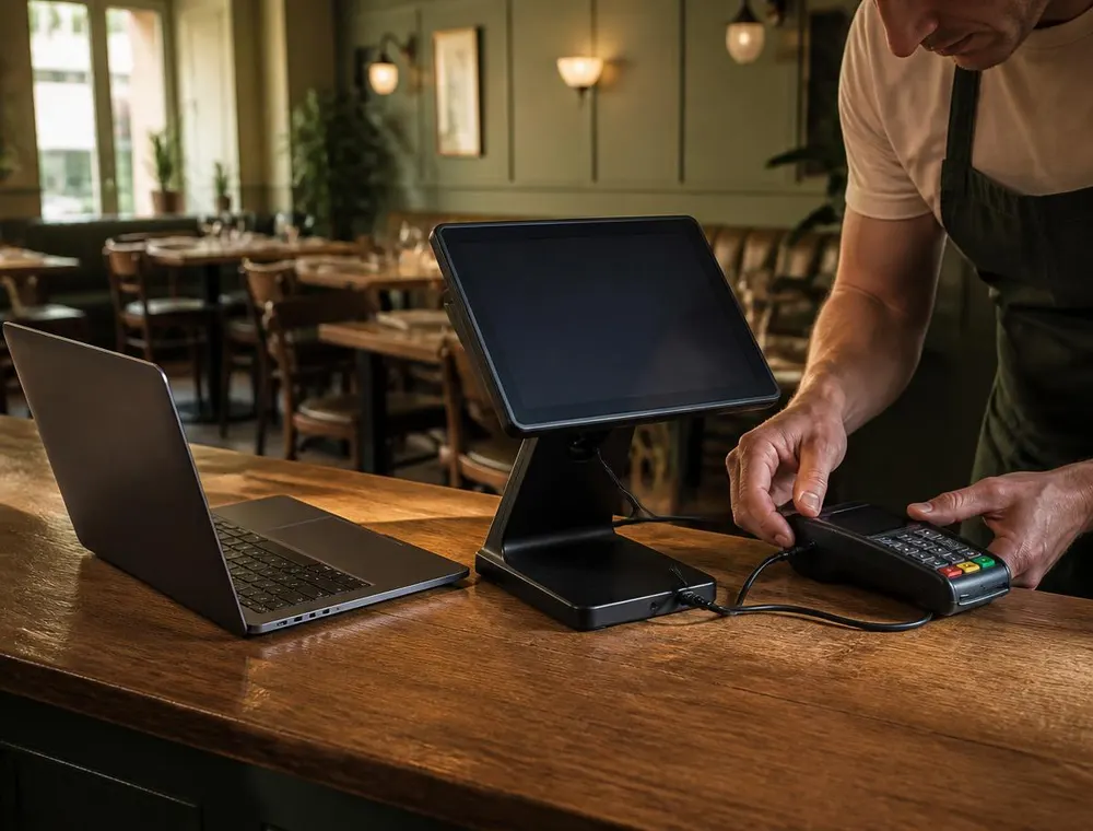 Caisse et terminal de paiement installés et testés sur une table avant l'ouverture