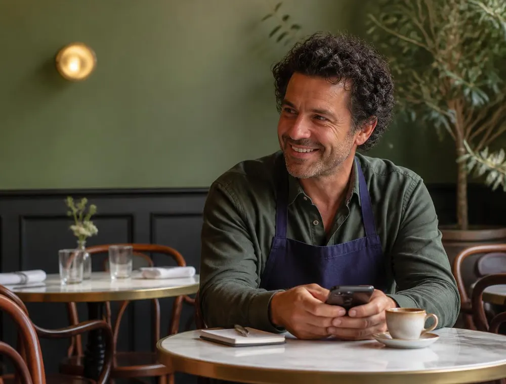 Restaurateur consultant les avis Google de son restaurant sur son téléphone